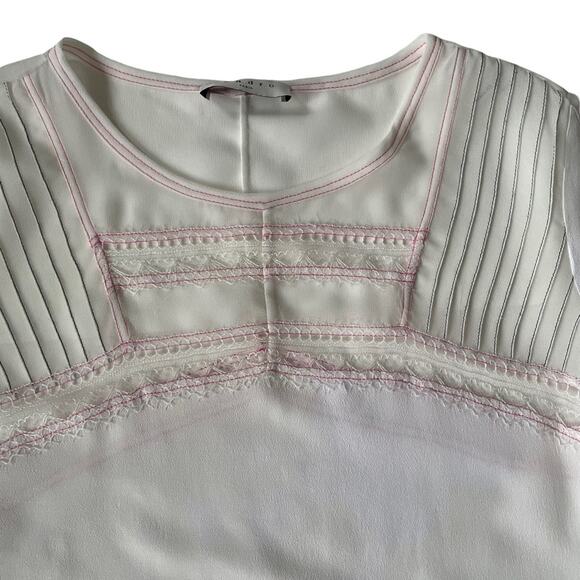 Sandro Veinarde Lace Yoke Embroidered Crepe Top Blouse Ecru Cream S - Picture 4 of 14
